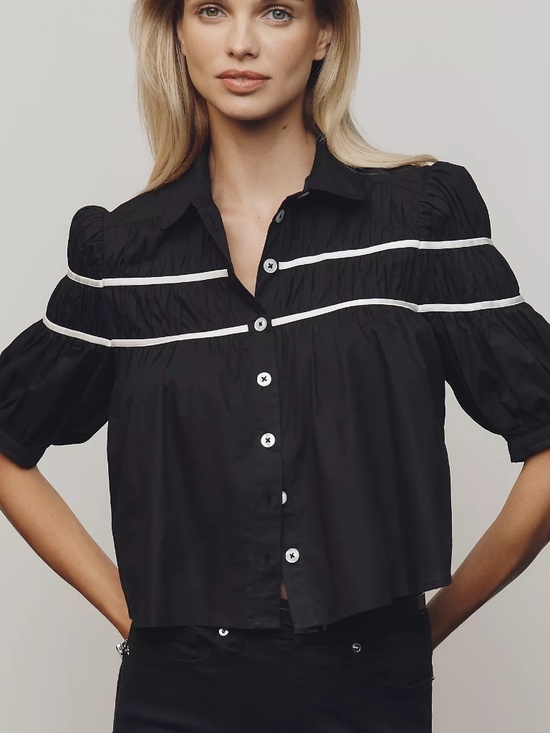 Maeve Tops - NWT Maeve Leandra Cotton Shirred Yoke Black Button Down Short Sleeve Blouse XXS